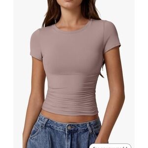 QINSEN Womens Large Rose Taupe Crew Neck Short Sleeve Cropped‎ Top Basic Y2K
